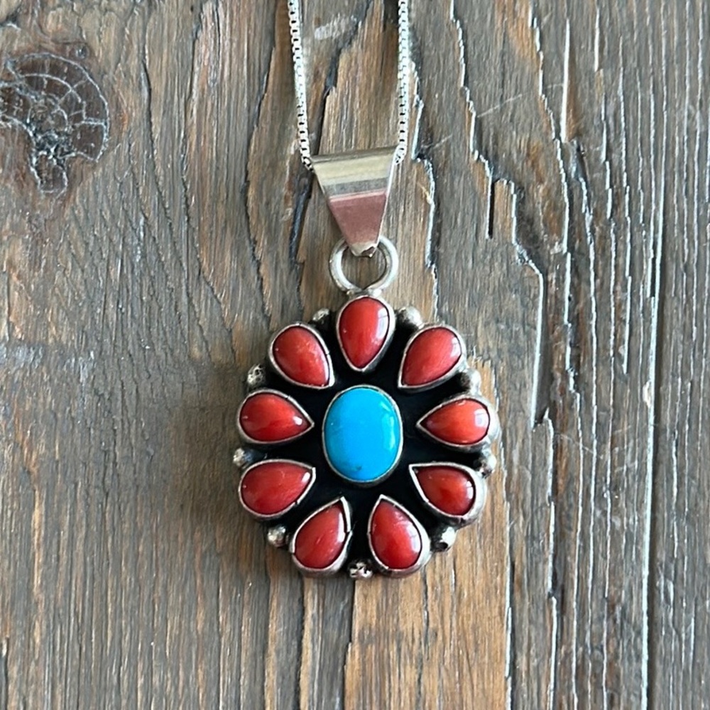 Vintage KC (Kee) Cook Navajo Sterling Silver Turquoise & Coral Cluster Necklace